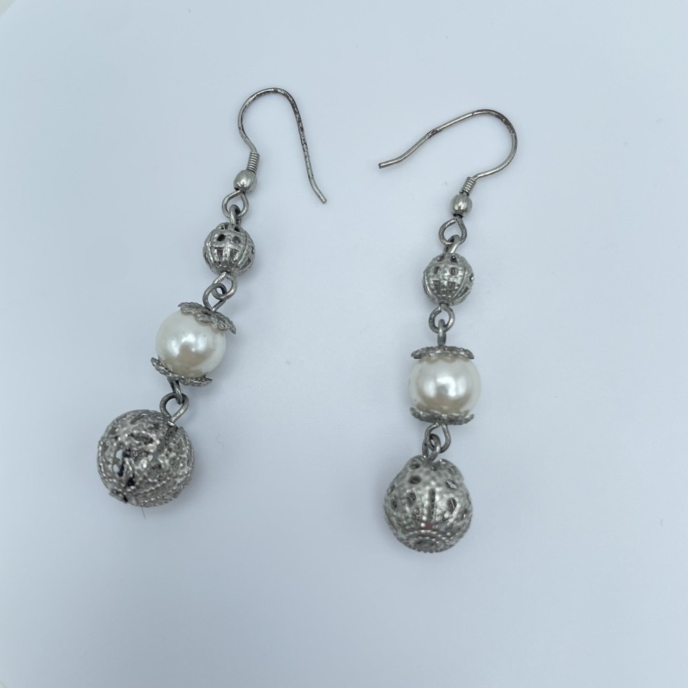 Vintage Silver Tone Filigree White Faux Pearl Bead Boho Dangle Drop Earrings